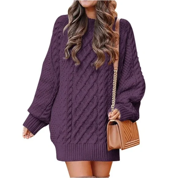 Purple Crewneck Long Sleeve Oversized Cable Knit Chunky Sweater Mini Dress - Main Image